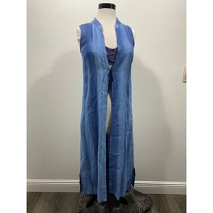 Linen Sleeveless Duster Tie Front Long Vest Blue Denim Look Boho Cover Up - Picture 1 of 9
