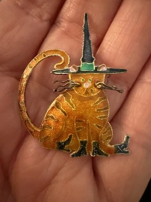 Halloween Cat Pin, Zarah "Pointy Witch Hat", Sterling 925, Hand Painted Enamel - Image 1 of 3