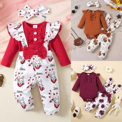 Newborn Baby Girls Ruffle Romper Tops Floral Dungarees Pants Outfits Set Clothes - Image 1 of 4