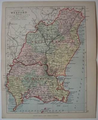 Original 1888 Map COUNTY WEXFORD Ireland Baronies Roads Gorey New Ross Oylegate - Image 1 of 4