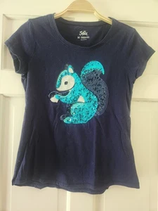Justice Brand Girl's T-shirt Top w/ Sequin Squirrel Print, Dark Blue, 14 - Picture 1 of 3