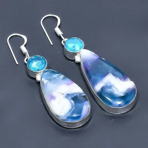Fluorite, Blue Topaz Handmade Gemstone Jewelry Earring 2.27" - Picture 1 of 1