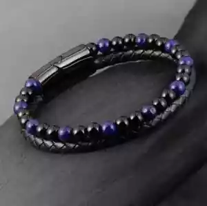 Obsidian Lapis Lazuli Bracelet Men's Leather Bracelet Magnetic Gift for Men - Picture 1 of 3