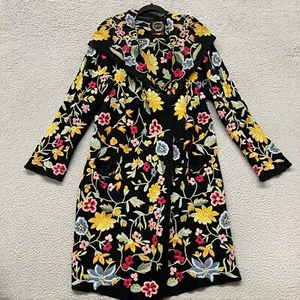 Johnny Was Biya Duster Womens L Black Floral Embroidered Hooded Boho Art To Wear - Picture 1 of 12