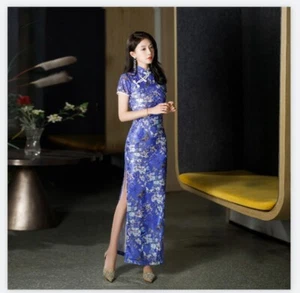 Chinese Retro Cheongsam Lace Floral Long Dress Costume Prom Qipao Wedding Party - Picture 1 of 11