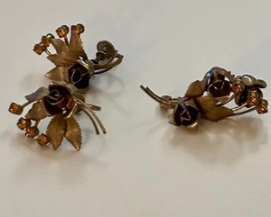 KARU ARKE Gold Tone ROSE YELLOW AMBER RHINESTONES Screw Back Earrings & Brooch - Picture 1 of 3