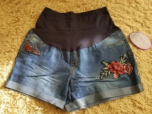 Planet Motherhood SZ XL Over Belly Floral Denim Shorts~Med Wash NeW~ - Picture 1 of 5