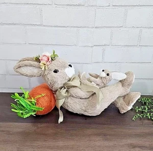 Sisal Easter Bunny Rabbit Figure Holding Baby 17" Carrot Spring Tabletop Decor - Picture 1 of 13