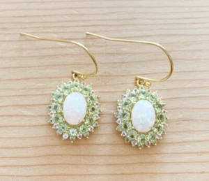 GORGEOUS GENUINE OPAL PERIDOT STONE & DIAMONIQUE WIRE EARRINGS NEW! - Picture 1 of 2