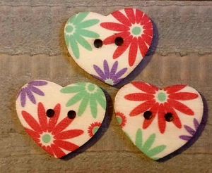 3 Floral Heart Sewing Buttons Crafting Wood 2 Hole 1" - Picture 1 of 2