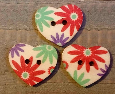 3 Floral Heart Sewing Buttons Crafting Wood 2 Hole  1"  - Image 1 of 2