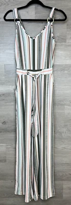 Derek Heart Jumpsuit Womens Small White Green Striped Belt Pocket Loose Pants - Image 1 of 4