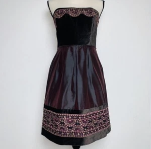 Tocca Embroidered Silk Velvet Chocolate Brown Strapless Fit & Flare Dress Size 6 - Picture 1 of 8