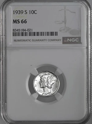 1939-S  10C  MERCURY SILVER DIME  "SAN FRANCISCO MINT"  NGC MS66 #8345184-021 - Image 1 of 4
