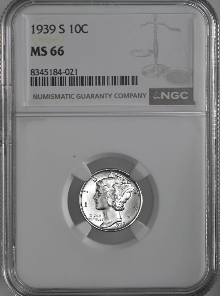 1939-S  10C  MERCURY SILVER DIME  "SAN FRANCISCO MINT"  NGC MS66 #8345184-021 - Image 1 of 4