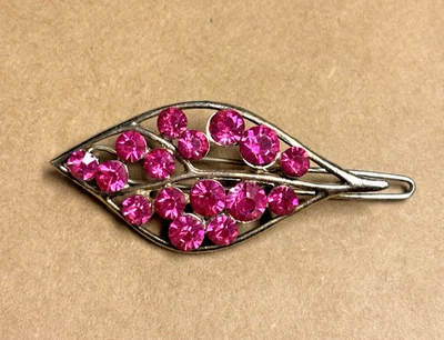 Vintage Hair Barrette Hot Pink Rhinestone Leaf 2" - Image 1 of 3