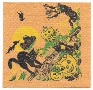 Vintage Krepp COCKTAIL Halloween Serviette ~ Spukhaus, schwarze Katze, JOL, Mond + - Bild 1 von 3
