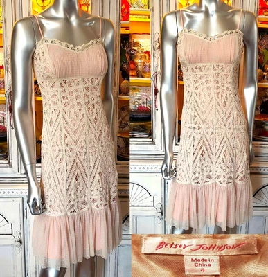 Vintage Betsey Johnson Y2K Peach Crochet Lace Mesh Milkmaid Midi Slip Dress 4 S - Image 1 of 4