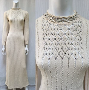 Vintage 60/70's PICARDO KNITS Ivory Pointelle Sweater DRESS with Rhinestones - S - Picture 1 of 15