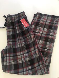 Izod Sleepwear Men’s Long Lounge Pants Plush Gray & Red Plaid Pockets Size M