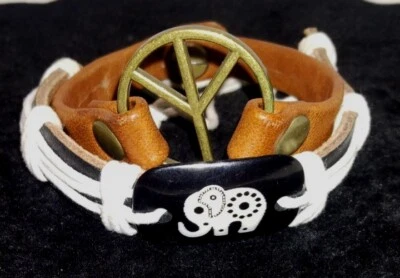 2 pulseiras de couro masculinas Peace Maker bronze antigo marrom rústico e elefante DS - Imagem 1 de 4