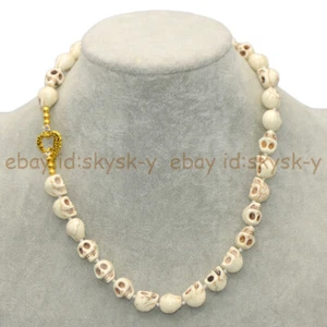 White Howlite Turquoise Carved Skull Head 10x12mm Gems Beaded Necklace 16-48'' - Picture 1 of 14