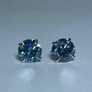 Lab Created Blue Diamond Round Stud Earring 14kt white gold 2.88ct IGI Certified - Picture 1 of 9