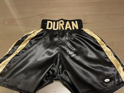 Roberto Duran SIGNED Autographed Custom Black BOXING  TRUNKS JSA CERTIFIED - Image 1 of 2
