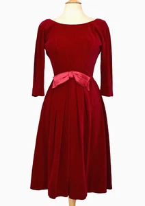 Vintage 50s Red Cotton Velveteen Velvet Dress XS-S Holiday Party - Picture 1 of 9