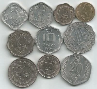 India Republic, Set of 10 coins, 1,2,3,5,10,10,10,20,25 and 50 Paisa - Image 1 of 2