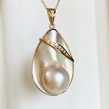 Huge 21×33mm Mabe Blister Saltwater Pearl Pendant 18K Solid Yellow Gold&Diamonds