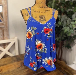 NWT Paper moon Cross Back Women’s Tank Top- Royal Blue Floral- Large  - Picture 1 of 5