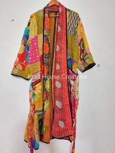 Kantha Handmade Patchwork 100% Cotton Quilt Kimono Robe Gown Coat One Size - Picture 1 of 18