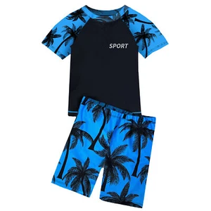 Kids Boys Rash Guard Set Printed Short Sleeve Swim Tops with Shorts Bathing Suit - Picture 1 of 11