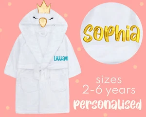 Personalised Kids Girls Dressing Gown Princess Swan Robe Novelty Hooded Gift UK - Picture 1 of 7