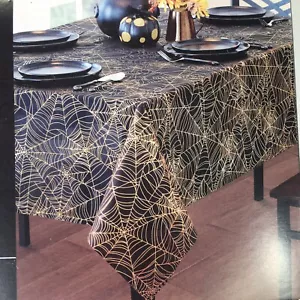 Halloween Spider Web Tablecloth 60x102 Black Fabric & Gold Metallic - Picture 1 of 9