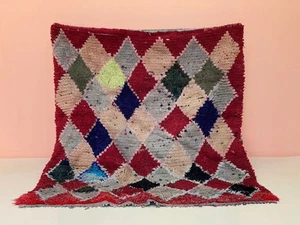 Vintage Checkered Rug,Moroccan Boujaad Rug,Berber Tribal Carpet,Red Rug,5'x5'6ft - Foto 1 di 13