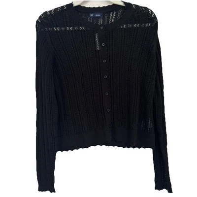 GAP Sweater Womens Medium P Black Button Cardigan Scallop Trim Knit Long Sleeve - Image 1 of 4