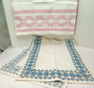Lot-2 Vintage Cross Stitched Woven Textured Cotton Table Runners Pink Blue=Flaws - Picture 1 of 10