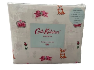 Cath Kidston “Royal Ditsy  Ruby” Corgi, Hearts, Crown QUEEN Sheet Set Cotton New - Picture 1 of 7