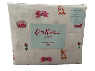 Cath Kidston “Royal Ditsy  Ruby” Corgi, Hearts, Crown QUEEN Sheet Set Cotton New - Image 1 of 4