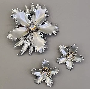 Blume Brosche Clip Ohrringe Set gerafft silberfarben 3" - Bild 1 von 17