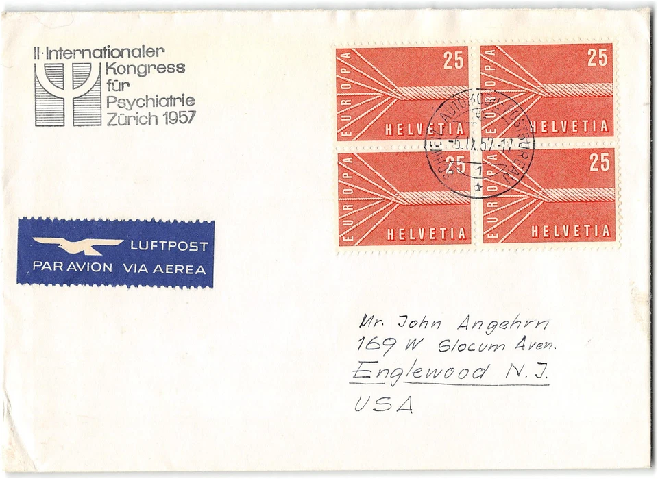 Switzerland #363 block of 4 to NJ, no back flap, 1947 - Image 1 of 1