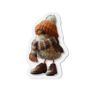 Acogedor pollito de invierno acogedor sombrero imanes troquelados | Lindo imán para refrigerador de pájaros - Imagen 1 de 4