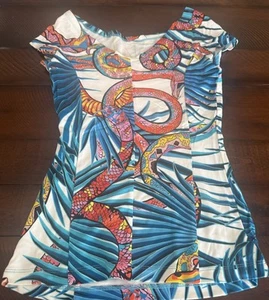 Auth. Just Cavalli Snake Motif V-Neck Top in Blue Size IT 44/US 8/fr 40 - Picture 1 of 3