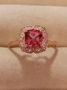 Cushion-Cut Pink Topaz 7mm & Simulated Cz's, 14K Rose Gold Plate St.S. 925, 8.5 - Picture 1 of 15
