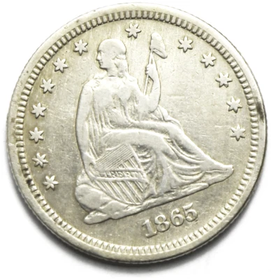 1865 25c Seated Liberty Silver Quarter Dollar Twenty Five Cents Rare VF - Image 1 of 4