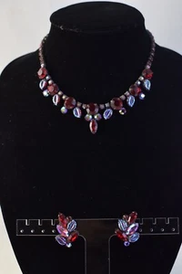 Vintage Regency rot & lila Blatt geformtes Glas irisierend Halskette Strass Nachlass - Bild 1 von 12