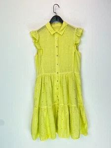 120% Lino Yellow Broderie Anglaise Shirt Dress Sleeveless Button Front UK 12 - Picture 1 of 7