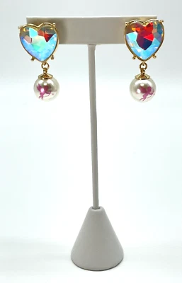 Betsey Johnson Gold Tone Iridescent Heart Faux Pearl Cupid Drop Earrings NWT - Image 1 of 4